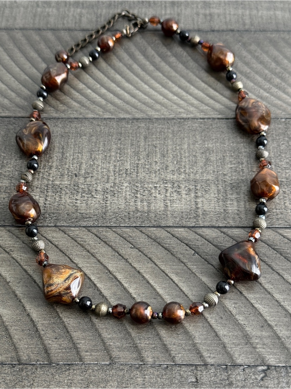 Chunky Beaded Necklace Rich Brown and Black Marbled Stones